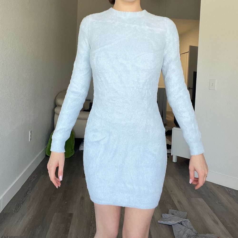 Princess Polly Blue Ribbed Mock Neck Long Sleeve Dress